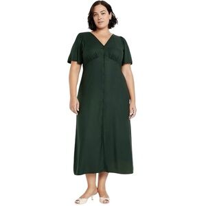 Old Navy Forest Green Button-Down Midi Dress XL Tall Cottagecore Babydoll